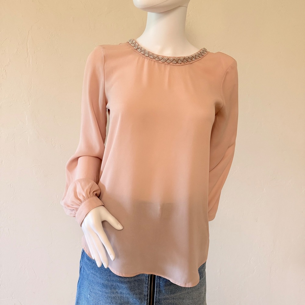 Karl Lagerfeld Paris Womens Blush Pink Pearl Embellished Neck Long Sleeve Top XS